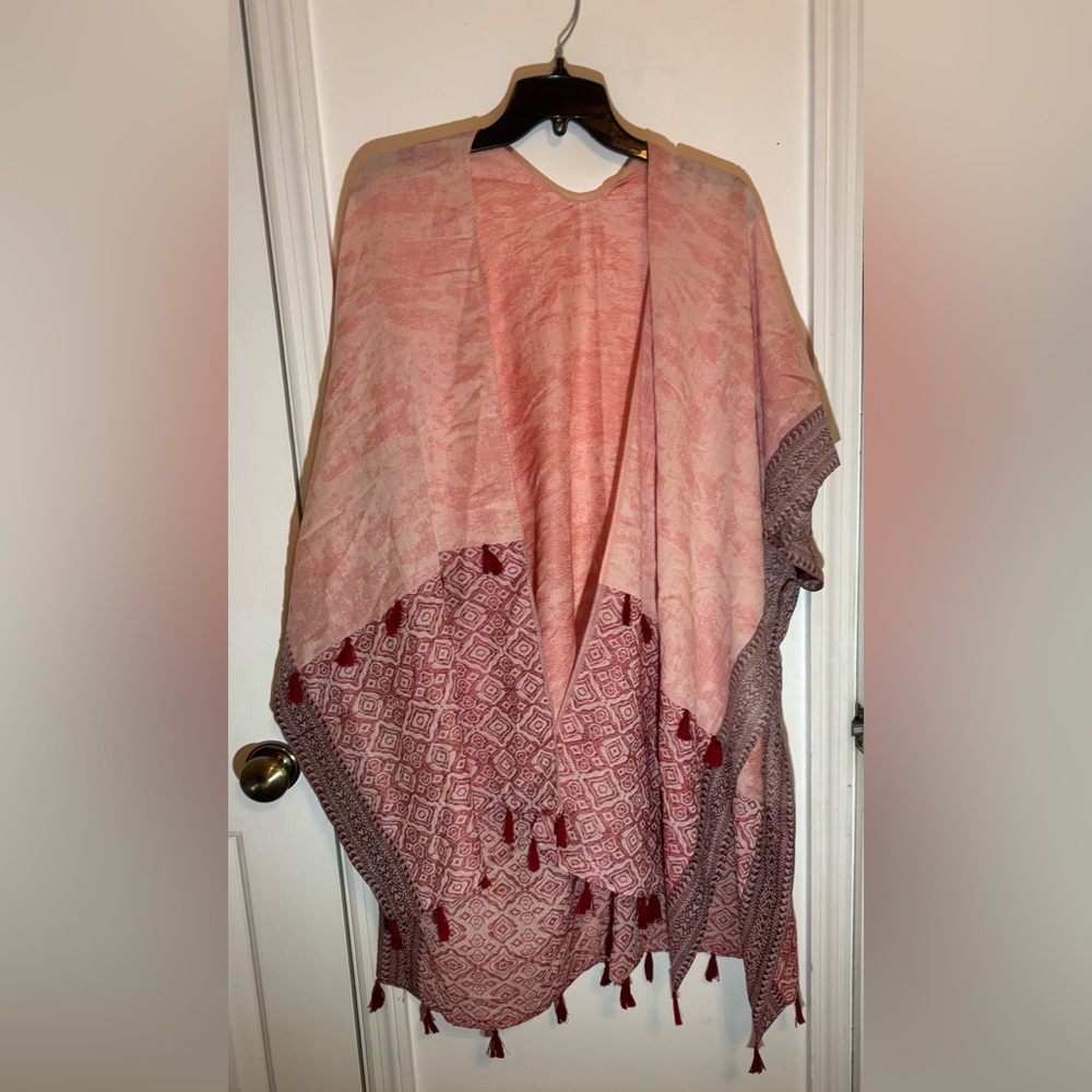Pink and Red Patterned Shawl with Tassels